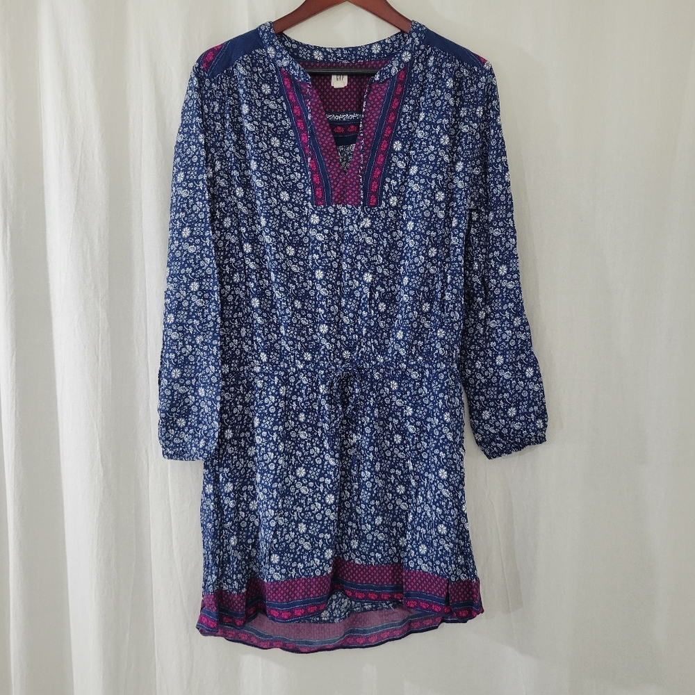 EUC GAP Blue/Pink Floral Patterned Long Sleeve Dress V-Neck Front Tie